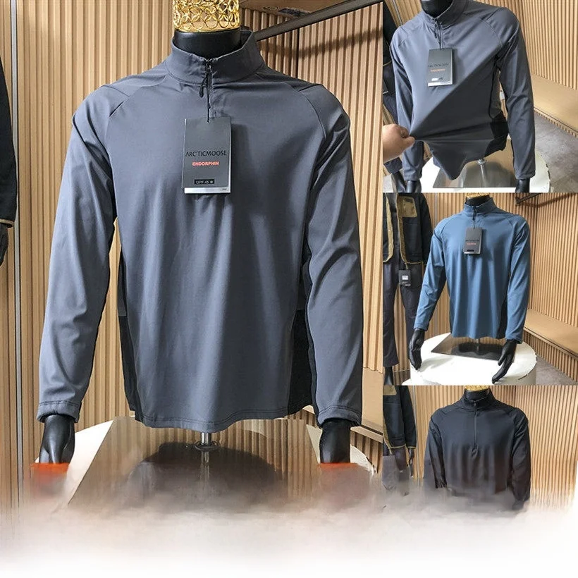 Laser Cut Splice Men's Outdoor Fly Sport Elastic Breathable Half Zip Stand Collar T-Shirt Skin-friendly Polyester Long Sleeve
