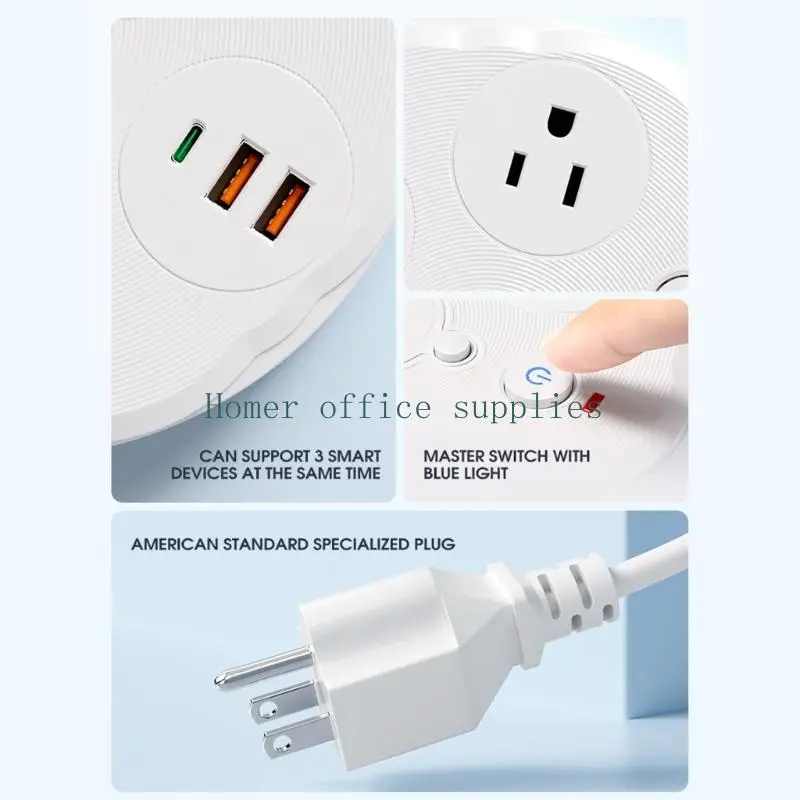 K43B Intelligent Night Light Socket With Type C And USB A Port 3 Level Dimmable Lighting Standard Plug Design White