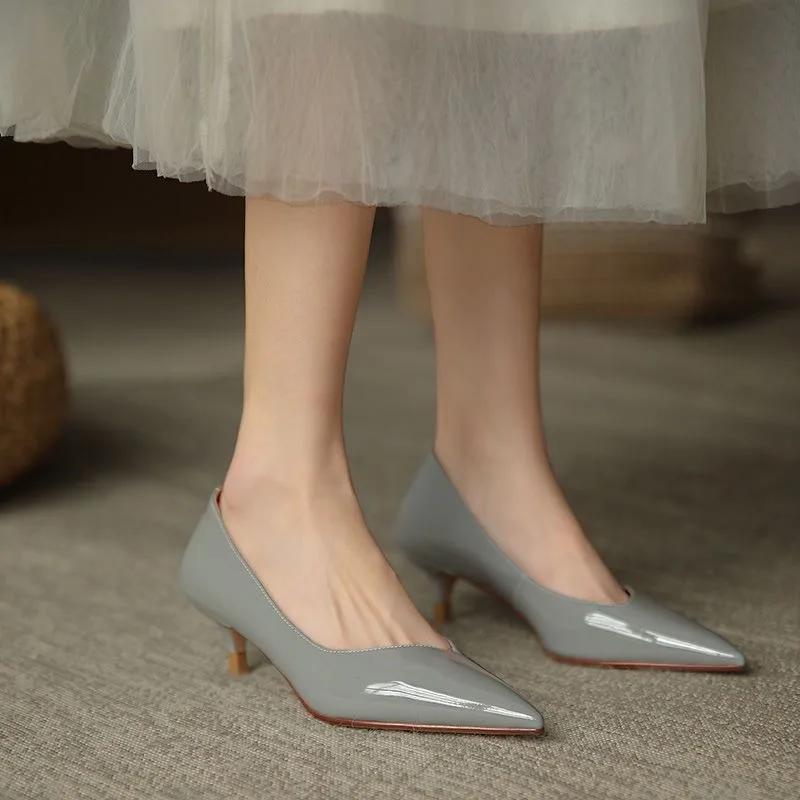 Patent Leather Pumps Women Stiletto Professional Shoes 2024 New Gray Pointed High Heels Mid-heel Women\'s Shoes