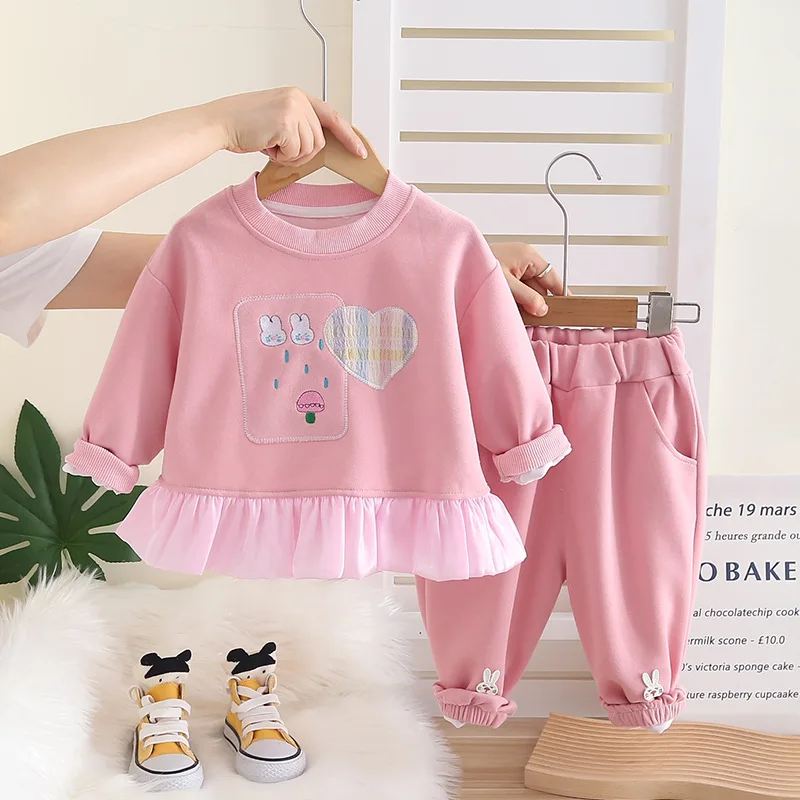 Spring Autumn Toddler Girl Clothes Set Kawaii Bunny Embroidery Sweatshirt Ruffle Shirt Top Sweatpants Baby Kids Tracksuit Casual