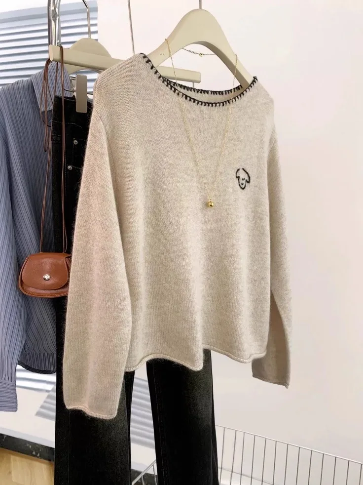 سترة نسائية محبوكة طويلة مطرزة من Ele سترة نسائية للخريف والشتاء فضفاضة تغطي البطن ومضادة للشيخوخة #2