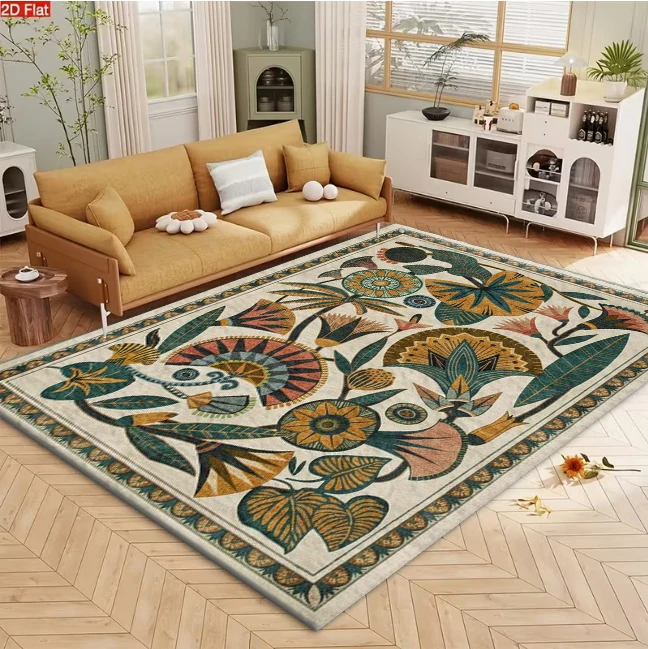 Art Deco Tropical Square Area Rug Retro Exotic Botanical Floral Leaf Non-Slip Carpet for Living Room Study Home Art Decor
