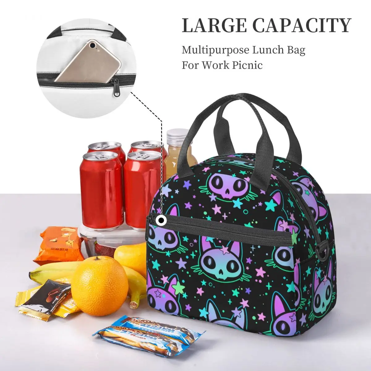 Cute Cat Stylized Skulls Large Thermal Insulated Lunch Bags Funny Portable Food Bag Container Cooler Thermal Lunch Boxes