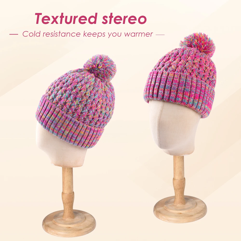 Ladies Single Layer Knitted Hat with Colorful Ball Pom Winter Head Warmth Pineapple Patterned Cap Beanie with pom-pom‌