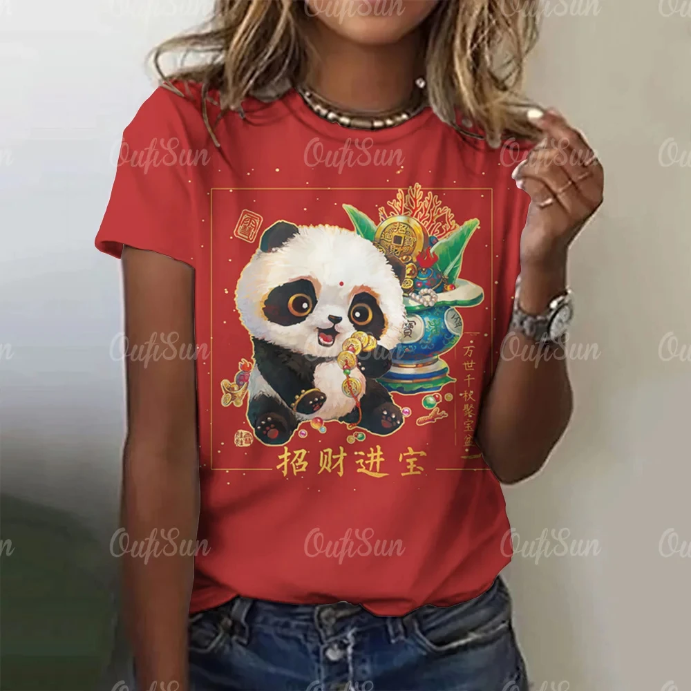 

Women's T-Shirt Cartoon Panda Pattern O Neck Short Sleeve Tees Loose Pullover Summer Ladies Female Fashion Streetwear Tops