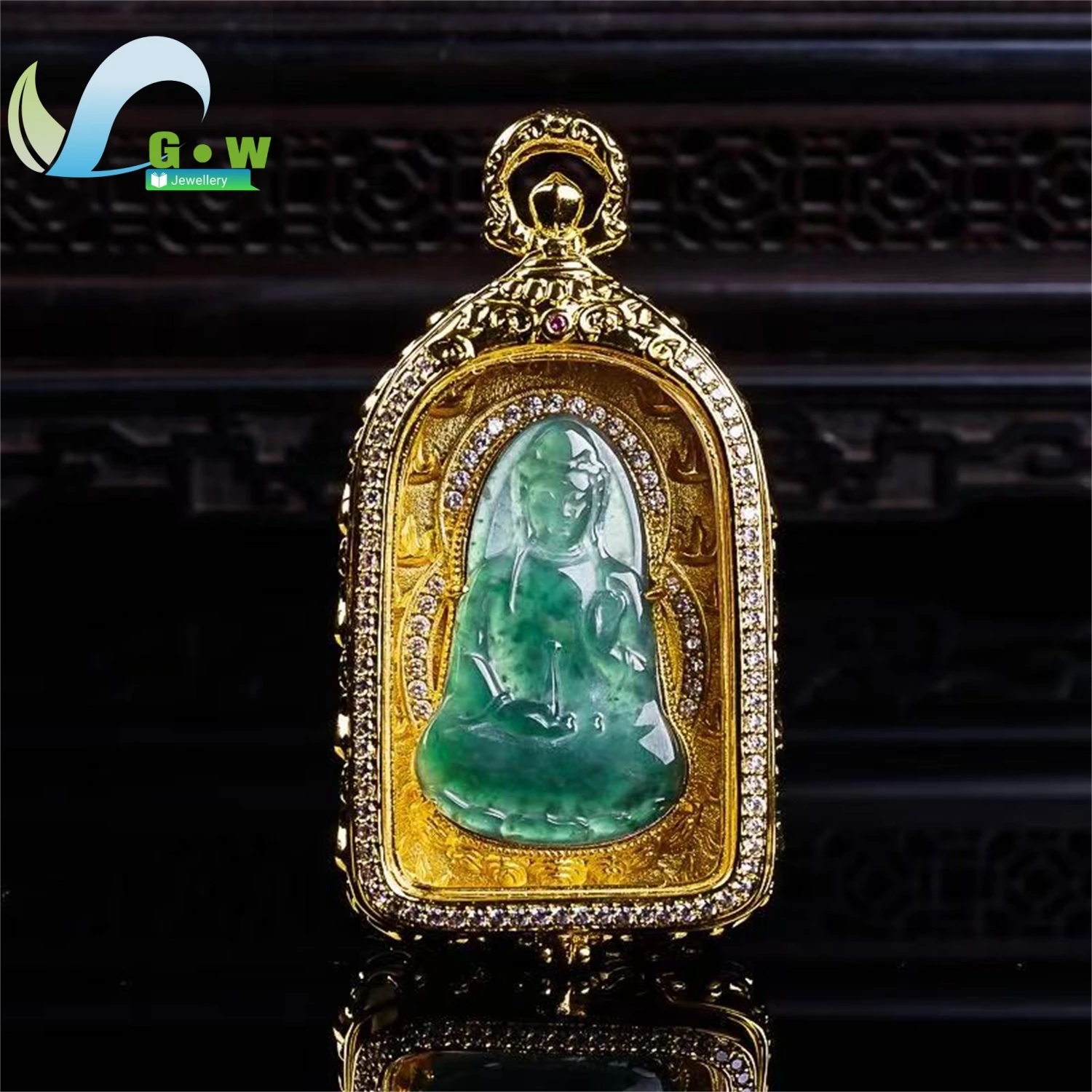 Natural High Ice Jadeite Guanyin Pendant Copper Framed Open Locket Unisex Fine Jewelry Gift Serene Artisan Craft Lucky
