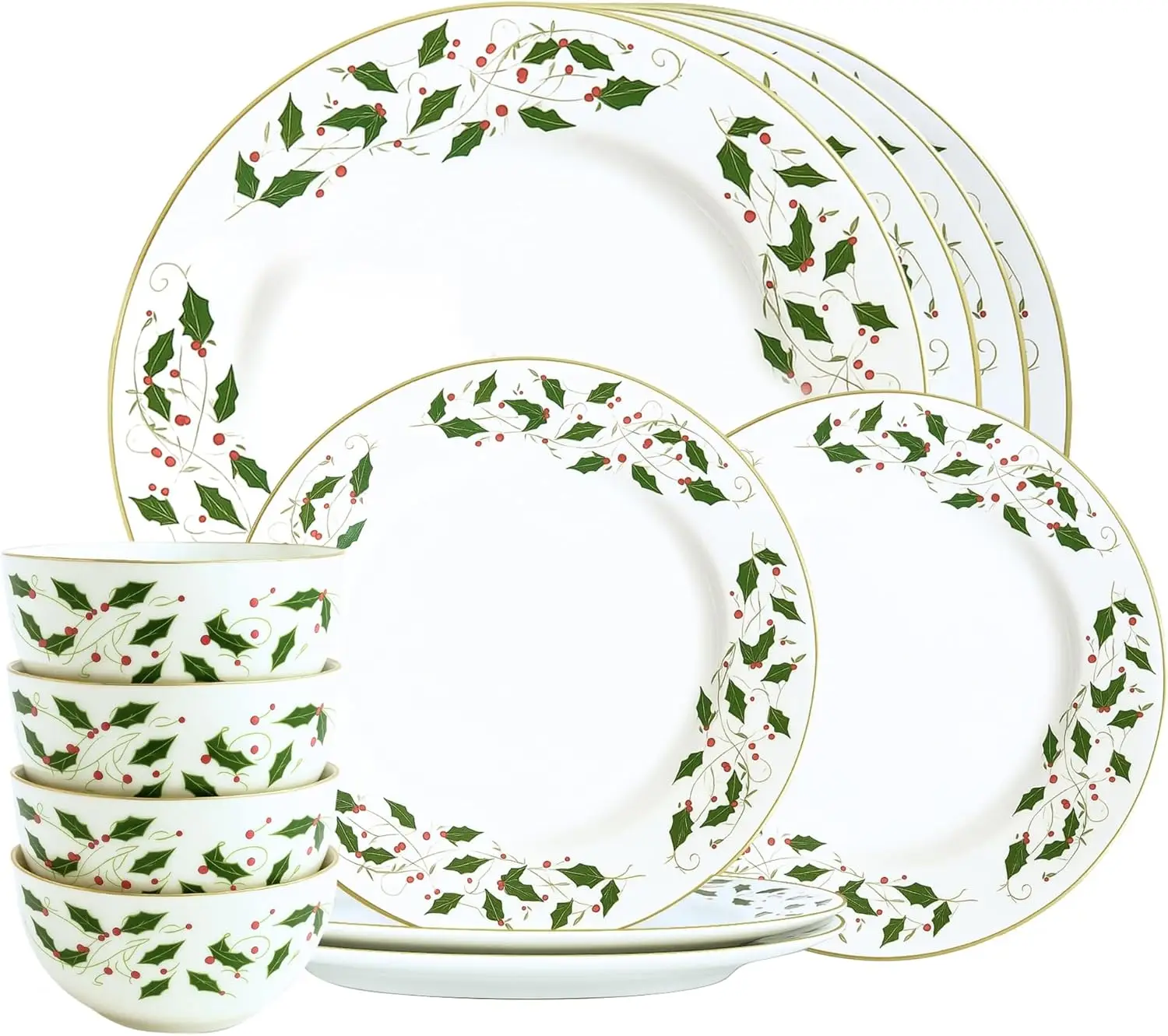 

Christmas World Porcelain 12Pcs Dinnerware Set – Red & Green Holly Leaf Design | 4 Cereal Bowls (5.5”), 4 Salad Plates (7.5”), 4