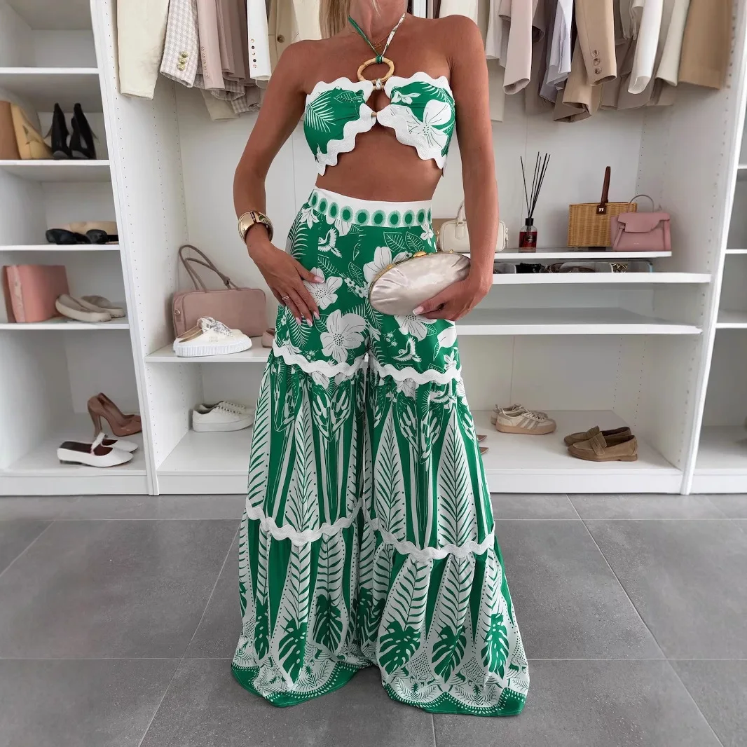 

Fashion High Waisted Set Holiday Beach Tropical Plant Printed 2 Piece Set Casual Sleeveless Halter Vest & Wide Leg Pants Outfits