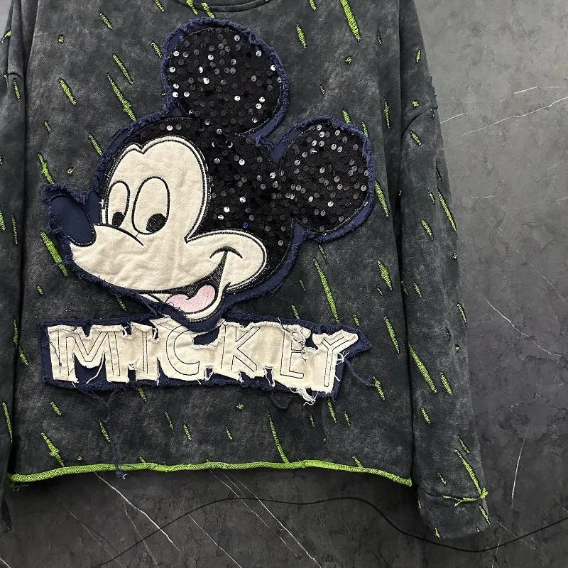 2025 Autumn Heavy Industry New Style Y2k Hoodies Ripped Cartoon Patch Embroidery Crew Neck Sweatshirt For Women Loose Casual Top