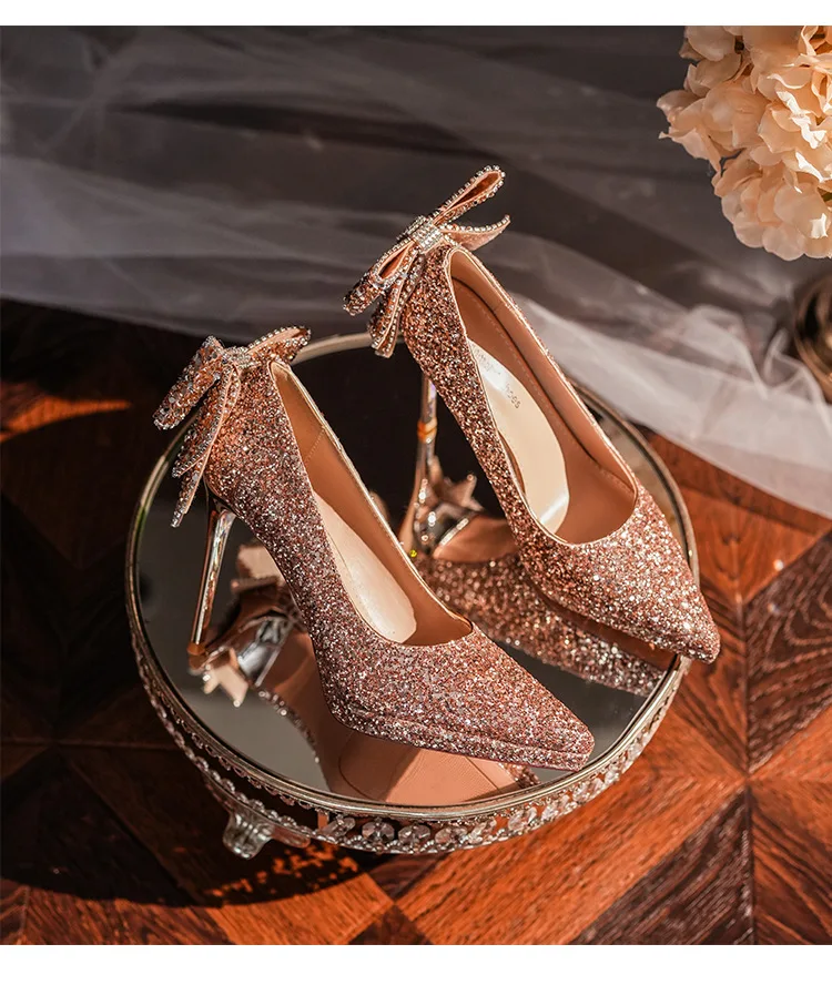 2023 Autumn Luxury Women\'s Shoes Pointed Toe Waterproof Platform Sequins Rhinestone Bow Crystal High Heels Party Wedding Shoes