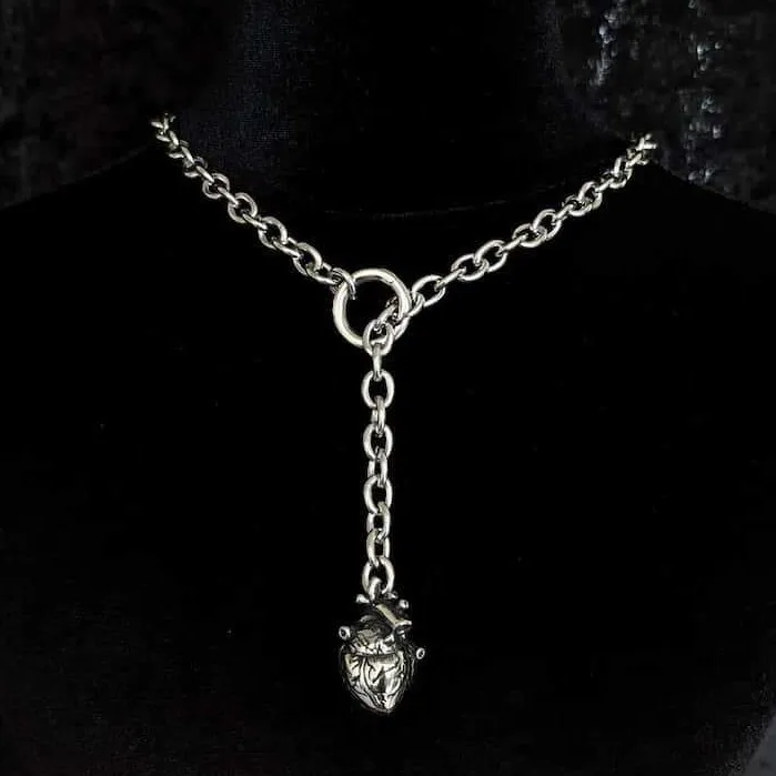 Slip Chain Necklace Anatomical Heart with Open Clasp in Stainless Steel 70cm