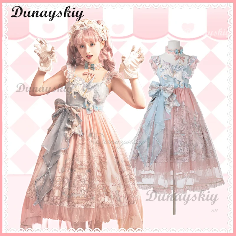 

Японское платье Harajuku Kawaii Lolita Jsk, женское милое платье принцессы с бантом и принтом для парка развлечений, милое платье для чаепития для девочек