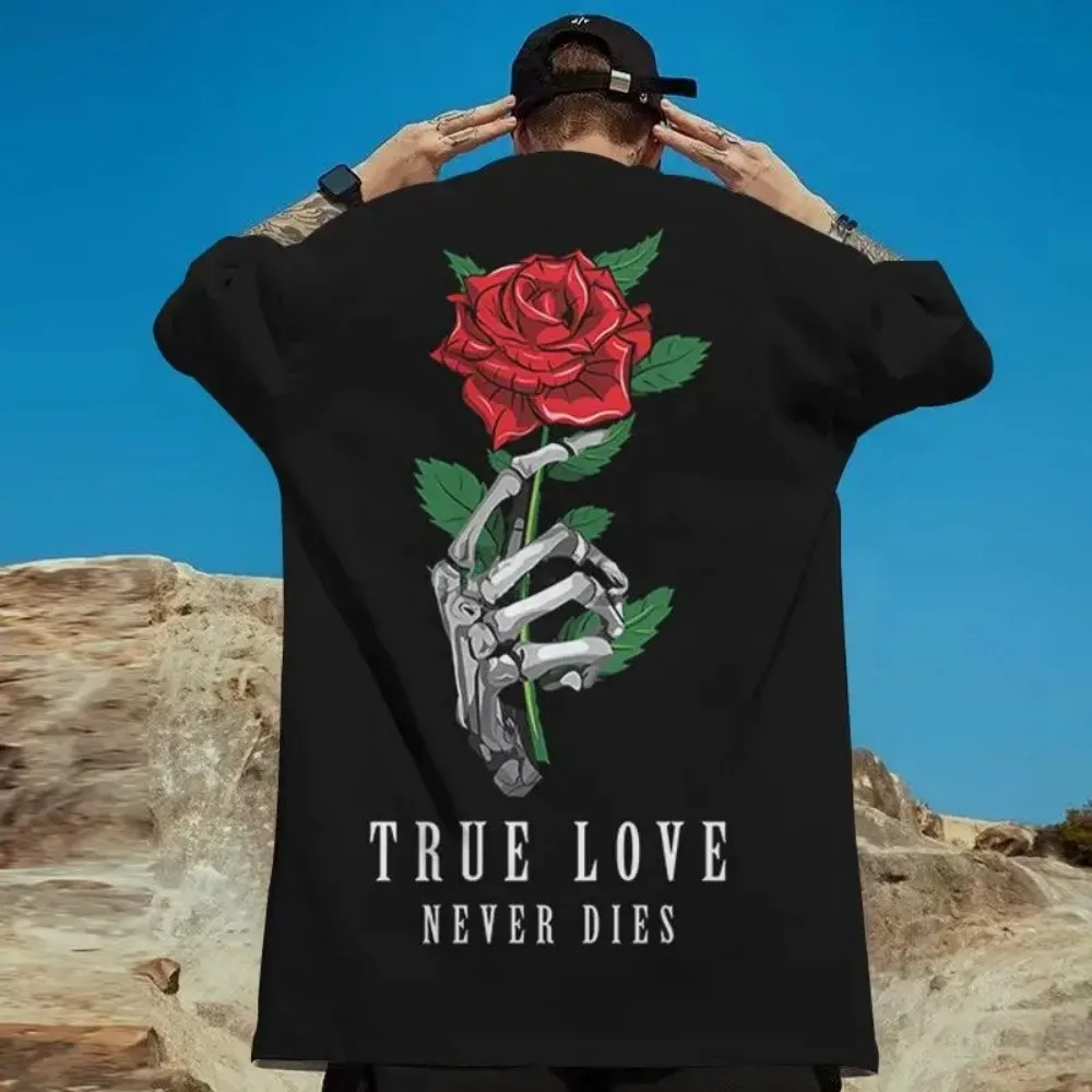

Summer American Short sleeved Rose Letter Printed Pattern Men's Breathable Round Neck T-shirt Outdoor Urban Trendy Top