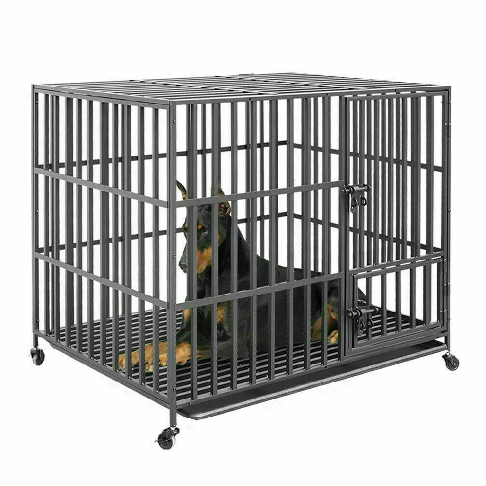 Großer, robuster Hundekäfig, reißfester Metallkäfig mit quadratischen Rohren, Laufstall mit feststellbaren Rädern und Auffangwanne