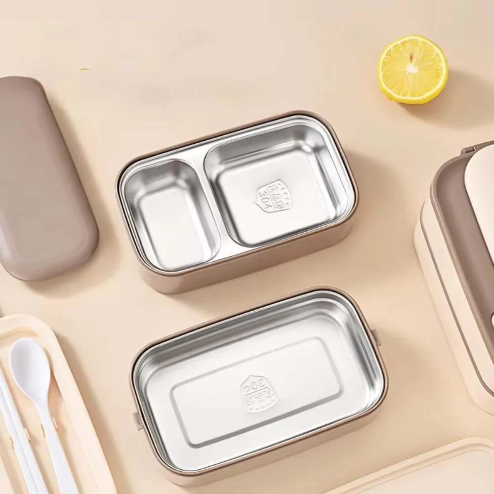 

2-слойный ланч-бокс из нержавеющей стали 304, разделенный контейнер для еды в микроволновой печи, прямоугольный с посудой и сумкой для хранения, коробка для пикника