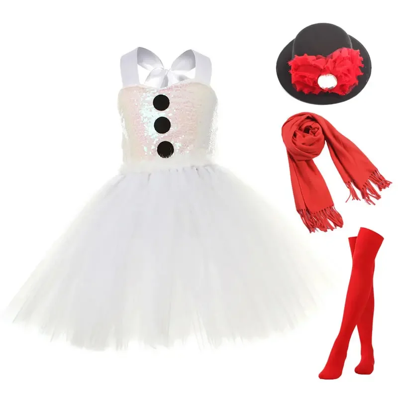 Xmas Snowman Dress For Baby Girl Lace TUTU Costume Christmas Kid Elf Sling Tunic+Hat+Scarf+Sock 4PC Set Child Frock Cloth