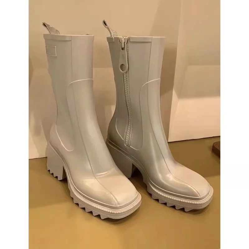 

Square Toe Thick High Heel Short Boots Women Black Beige Leather Side Zipper Middle Tube Boots Brand Design