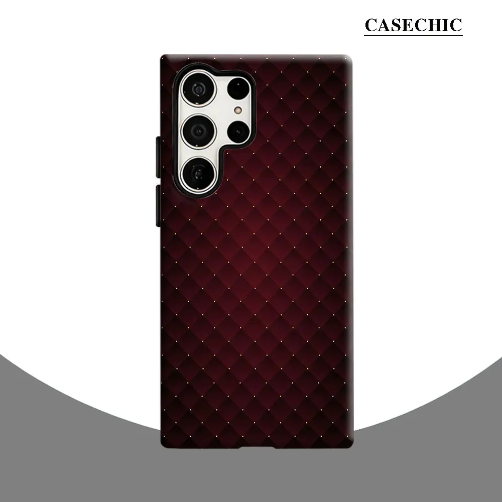 Burgundy Diamond Grid Phone Case for Samsung Galaxy S26 S25 Ultra S24 S23 Ultra Plus Shockproof Double layer tough Back Cover