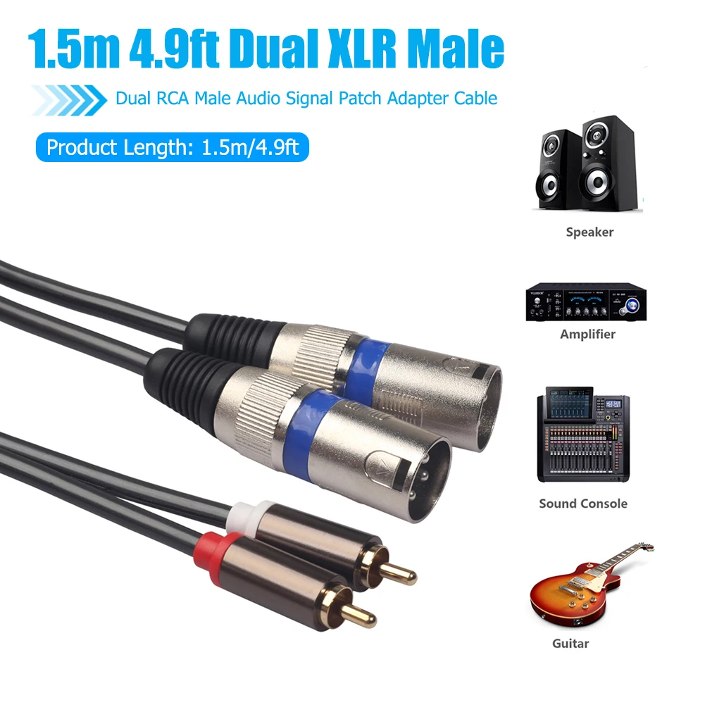 المزدوج XLR ذكر إلى المزدوج RCA ذكر الصوت خط 1.5 متر/4.9ft الصوت مهائي كابلات سلك أسود ل ميكروفون خلاط مضخم ضوت سماعات الأذن