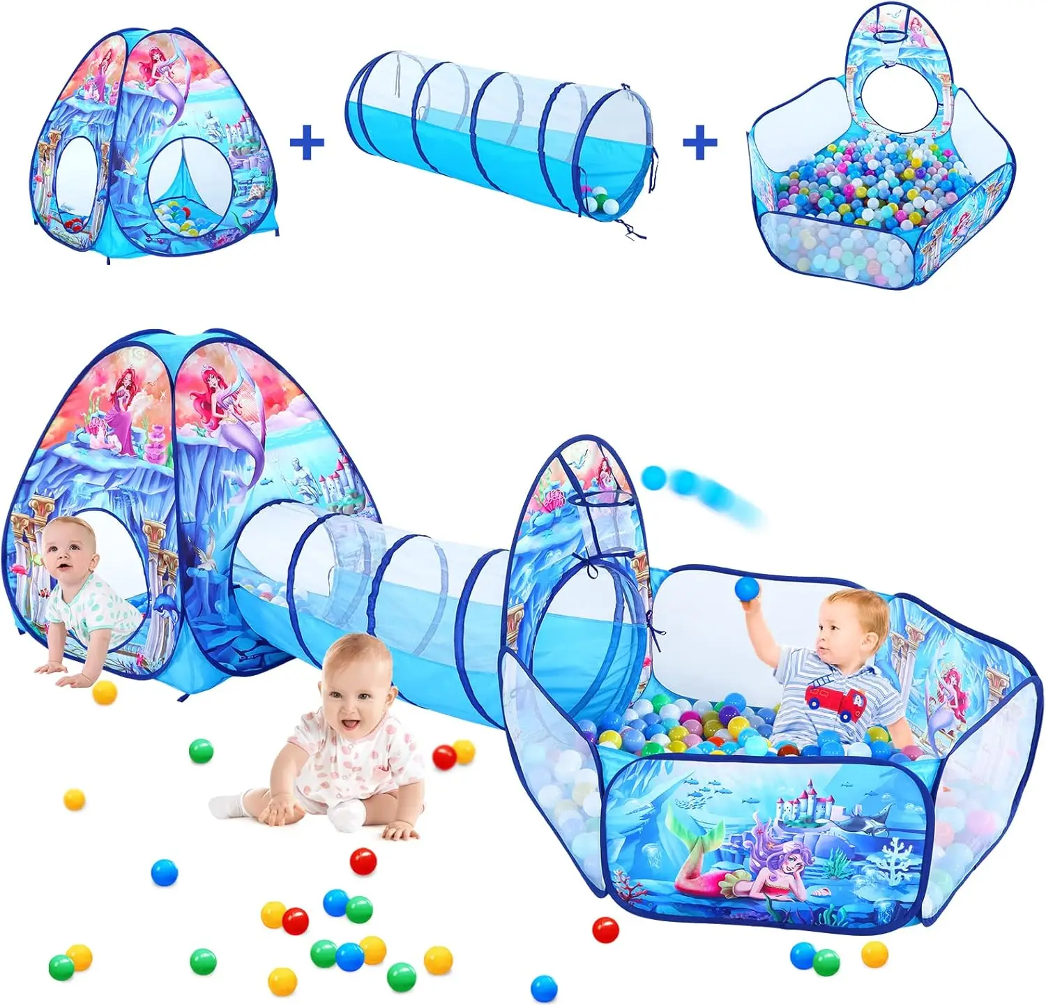 3 in 1 Kids Mermaid Play Tent for Toddler with Baby Ball Pit and Play Tunnel, Children Indoor Outdoor Playhouse with Crawling Tu