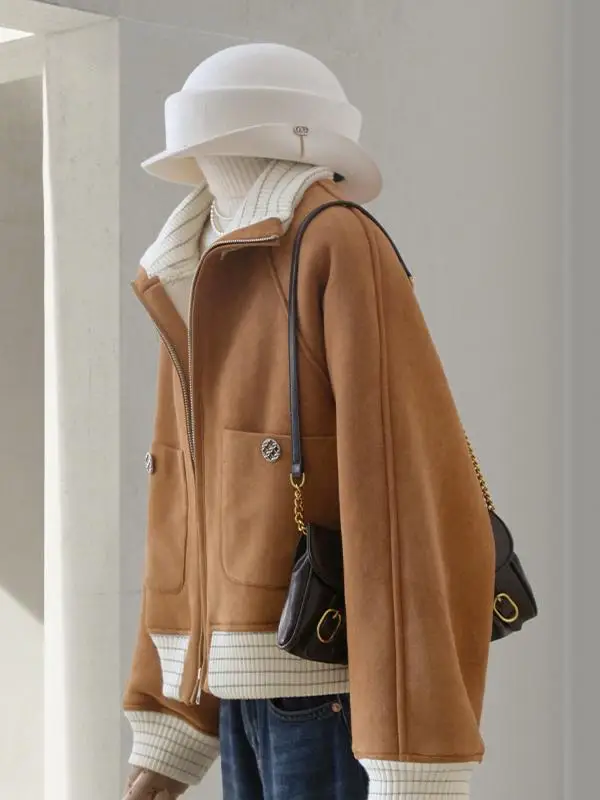 

Коричневый лоскутный джет с воротником-стойкой, женский хлопковый топ Thiened ort на осень-зиму, новинка, универсальный, высококачественный, ощущение