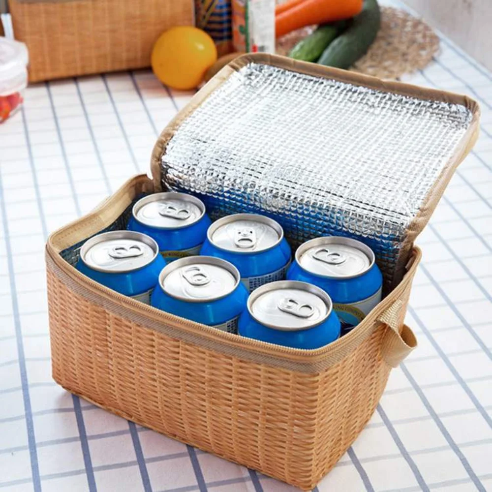 New Imitation Rattan Woven Printing Lunch Box Portable Tote Bag For Travel Picnic Bag Food Container Insulated Thermal Bento Bag