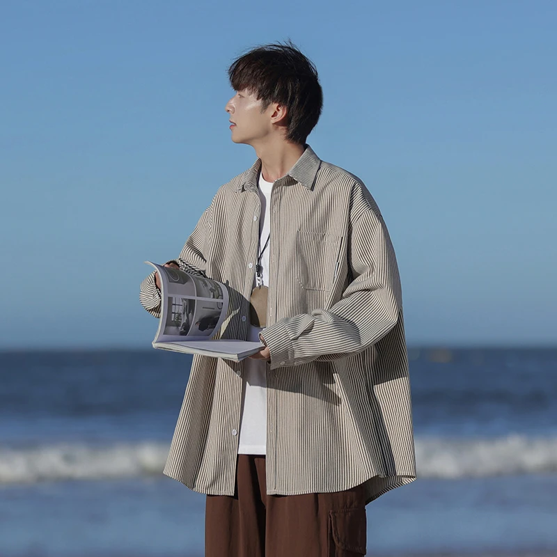 

Модная повседневная рубашка в полоску с длинными рукавами, мужская рубашка на весну и осень, новая модель, свободный крой, молодежная одежда на все сезоны