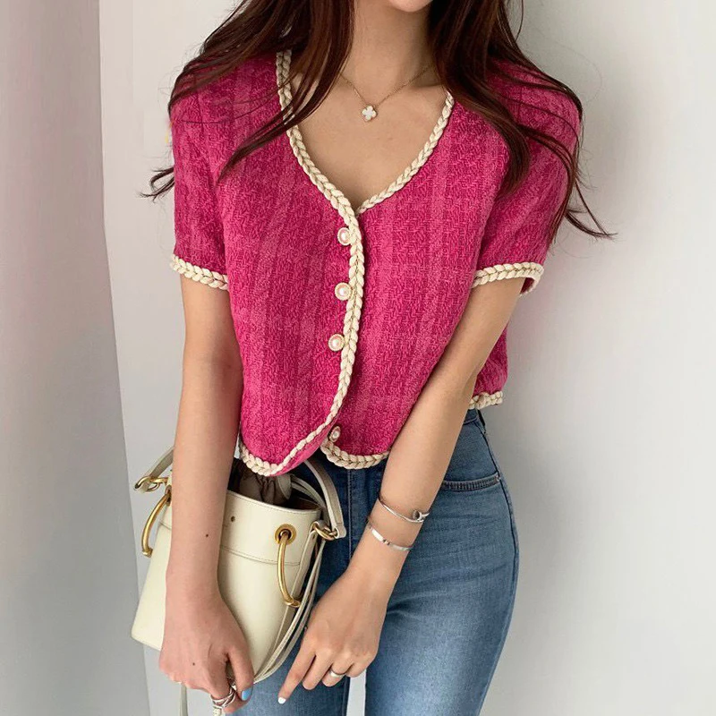 2024 Summer New Elegant Retro Short Korean Plaid Tweed Cardigan Women Fashion Short Sleeved Thin Short Jacket Female Elegant Top