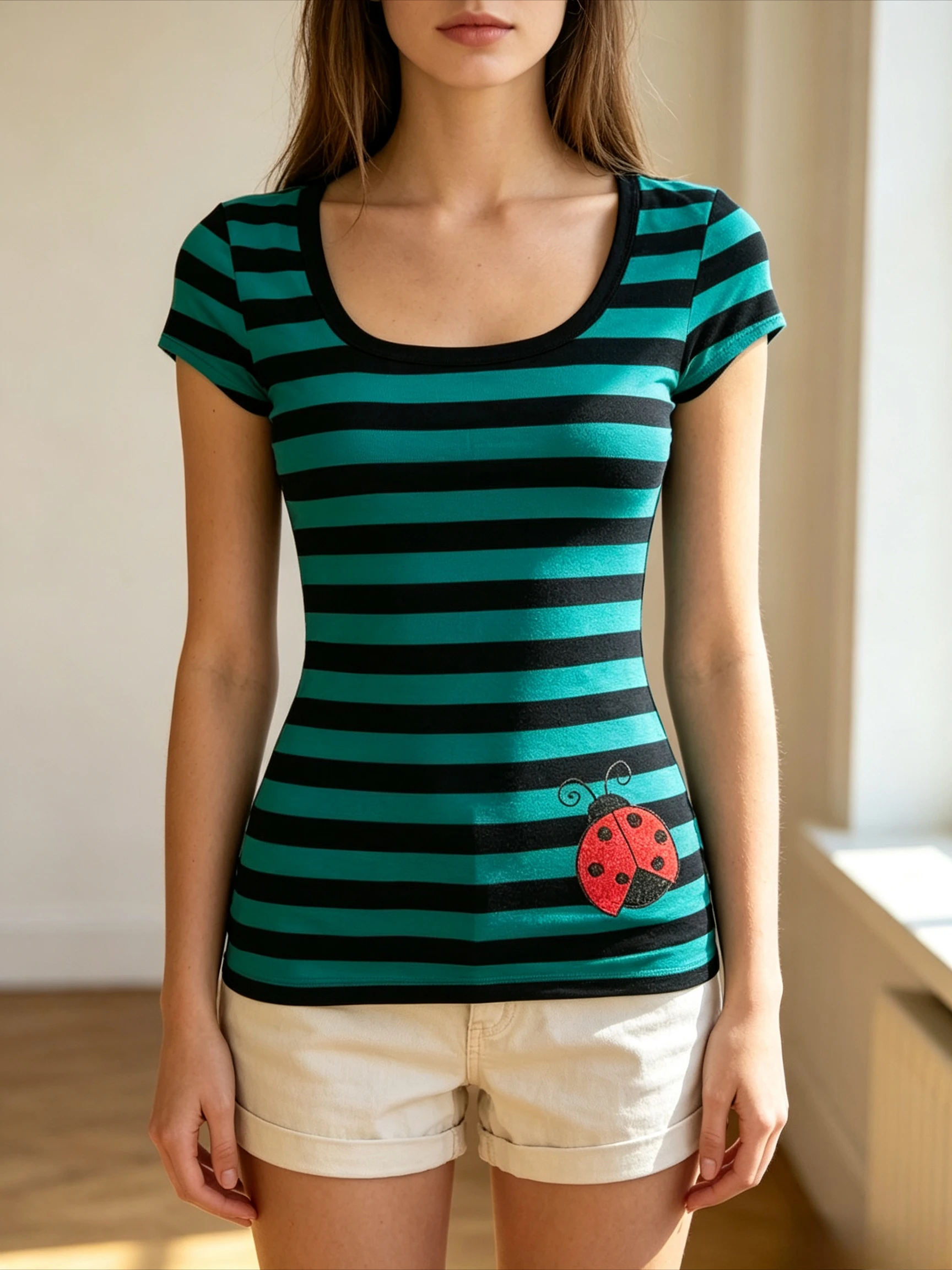 Y2K Teal Black Striped Short Sleeve T Shirt Square Neck Ladybug Print Slim Fit Stretch Fabric  Streetwear Summer Basic Tee Top
