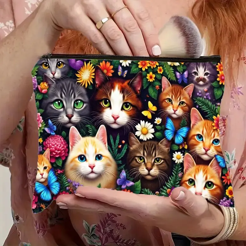 2D Flat Vibrant Cute Cat & Floral Print Cosmetic Bag with Smooth Zipper Closure Lightweight Portable Makeup Pouch Perfect Gift