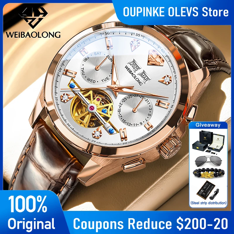 WEIBAOLONG 3806 Luxury High Quality Mens Watch Skeleton Automatic Mechanical Watch  Waterproof Watches For Man Genuine Leather