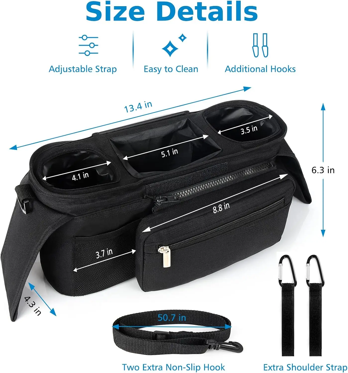 Universal Baby Stroller Organizer, with Insulated Cup Holder Detachable Phone Bag & Shoulder Strap, Fits Pet and Baby Stroller