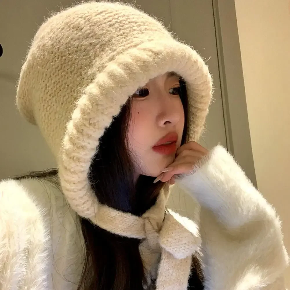 Chapeau d'oreille thermique rétro japonais pour femme, bonnet tricoté à la main, mode hiver