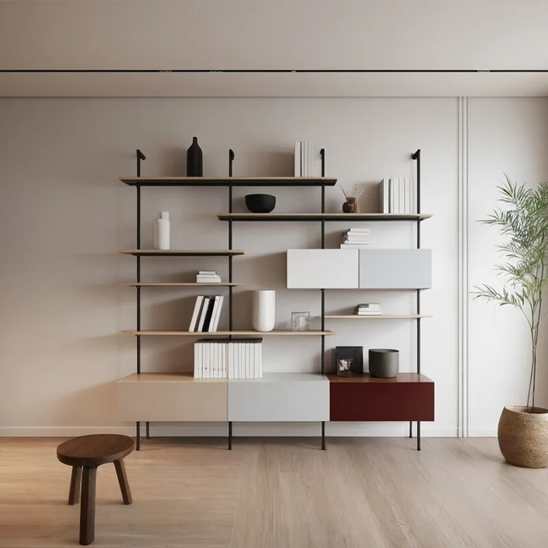 * Iron Multi-layer Solid Wood Bookshelf Living Room Minimalist Bookcase Shelf Floor Nordic Full Wall Display Rack Simple