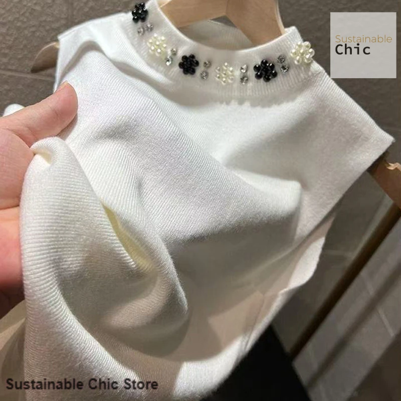 French ice silk with a high-grade suspender vest for women's summer and autumn new knitted slim collar beaded sleeveless top.