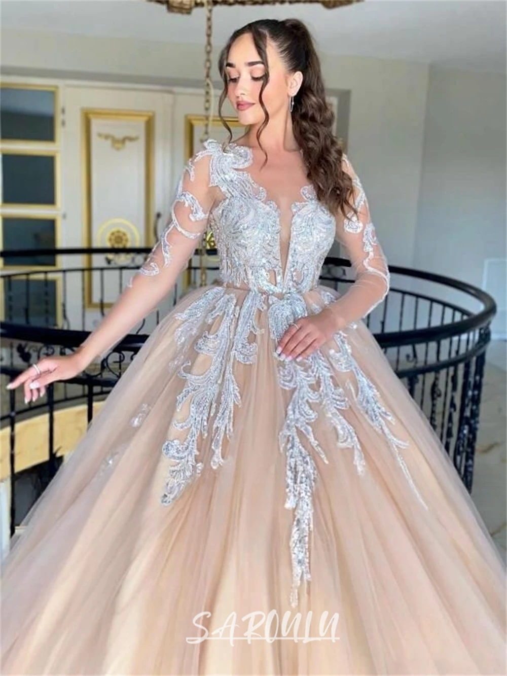 Vestido de novia largo de tul elegante para mujer, vestidos de novia de encaje personalizados, forro de champán, vestido de novia romántico