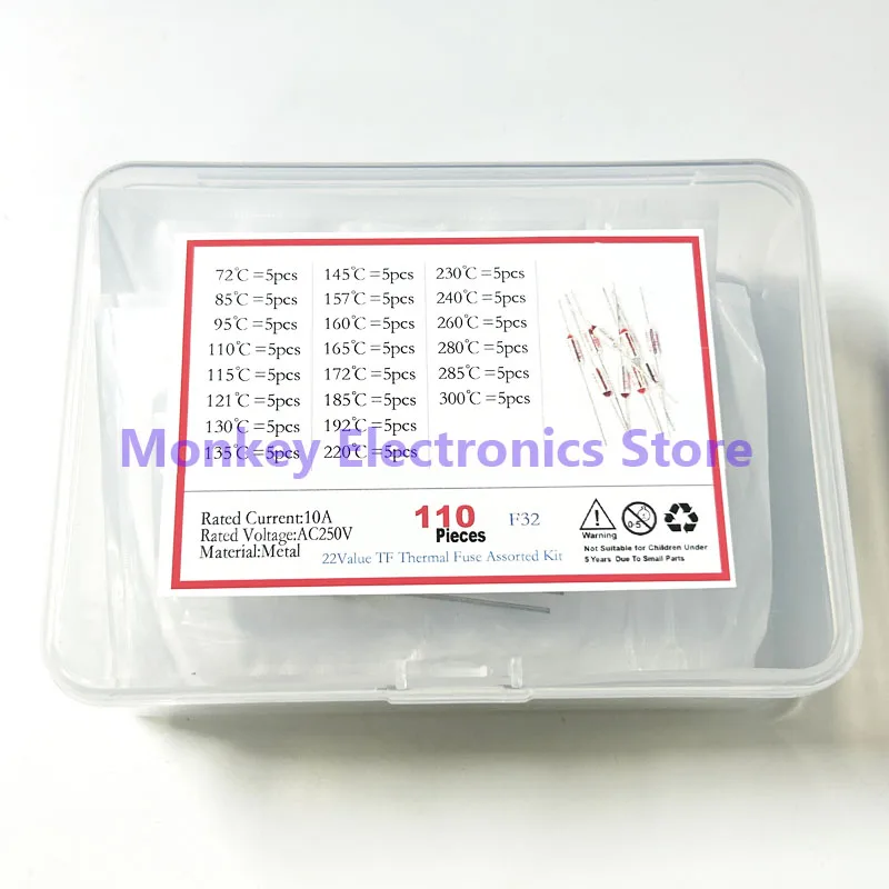 110pcs Fused Thermal Cutoffs TF Overheat Protection 72℃~300℃ 10A/250V Mixed Box 22values*5pcs