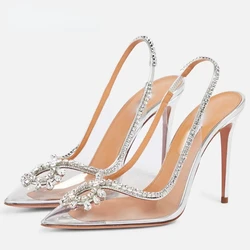 PVC Transparent Silver Clear Rhinestone High Heels Women Pumps Fashion Sling Backs Thin Heels Party Bridal Wedding Sandals Shoes