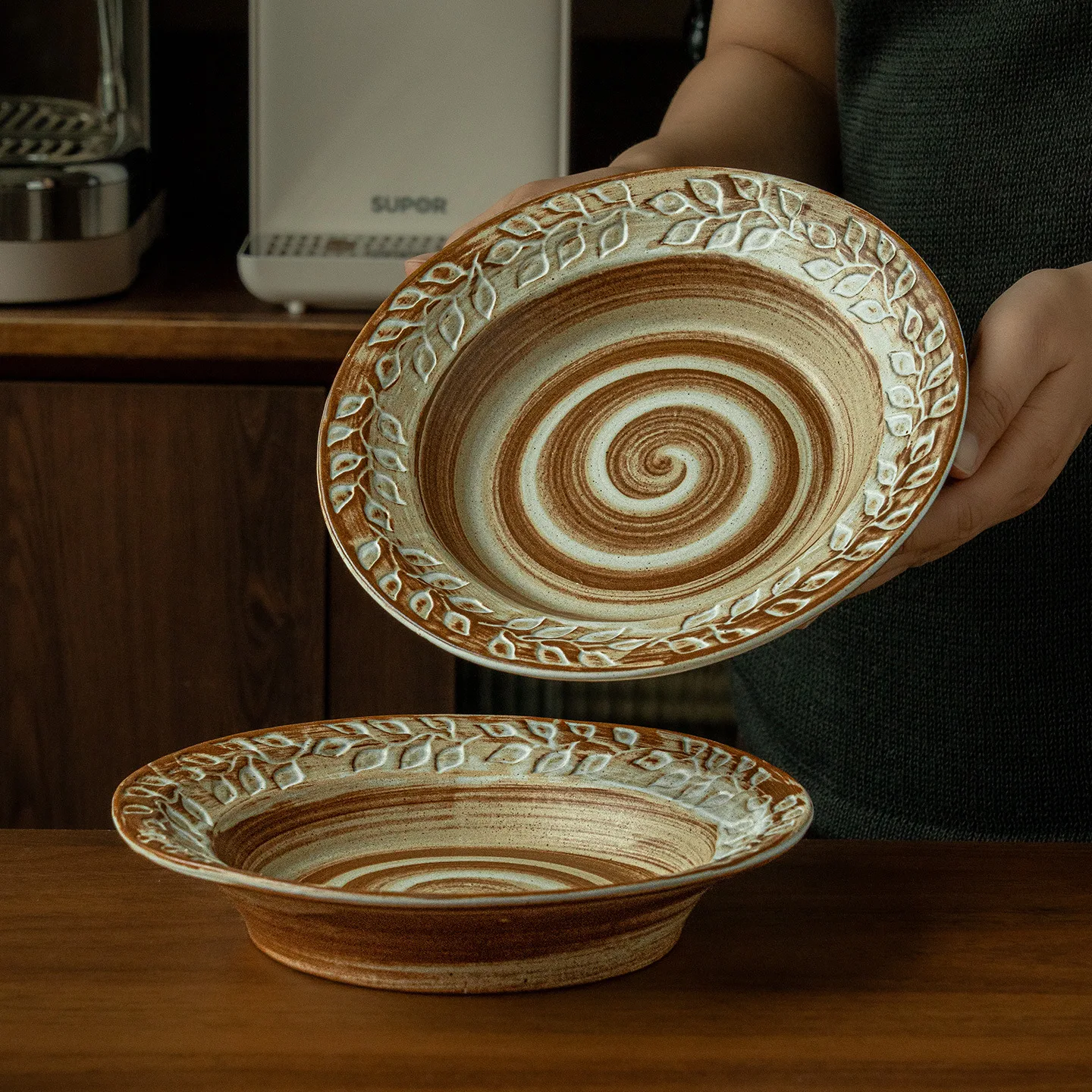 French Retro Relief Ceramic Salad Plate Creative Kiln Transformation Rough Ceramic Pasta Straw Hat PlateKitchen Tableware