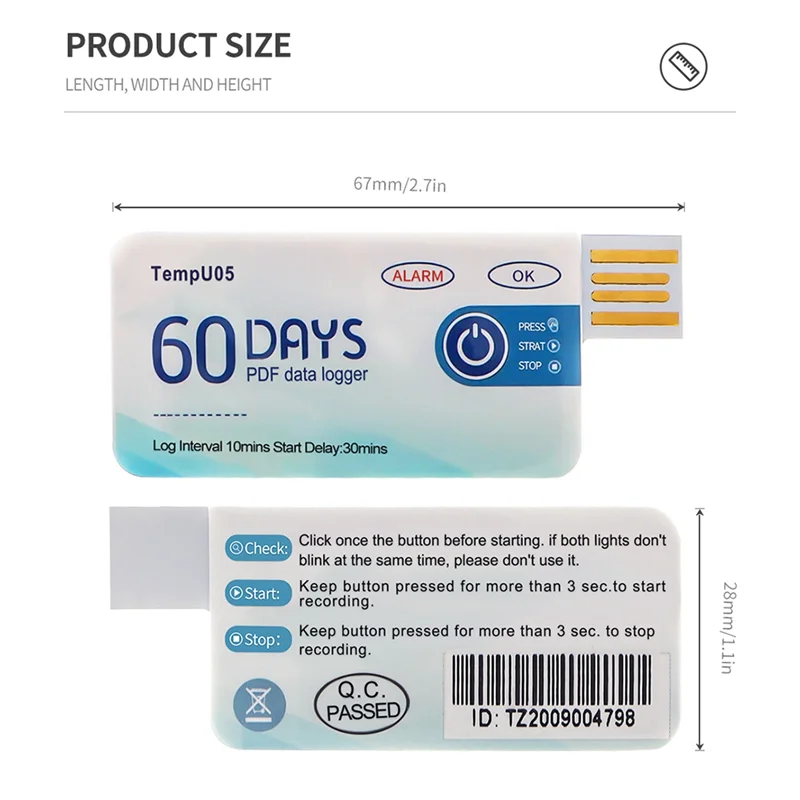 BAAG-Tembo05 1 قطعة مسجل بيانات درجة الحرارة 60 يومًا للاستخدام الفردي محلل درجة الحرارة PDF تقرير USB مسجل درجة الحرارة