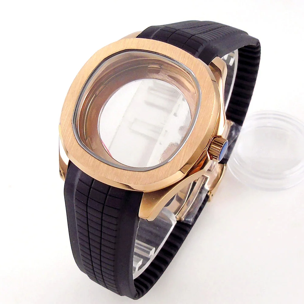 NH35 Square Watch Case Watch Accessories Rose Gold Case Cover for NH36 NH34 Movement Rubber Band for Wristwatch Glass Back Tool