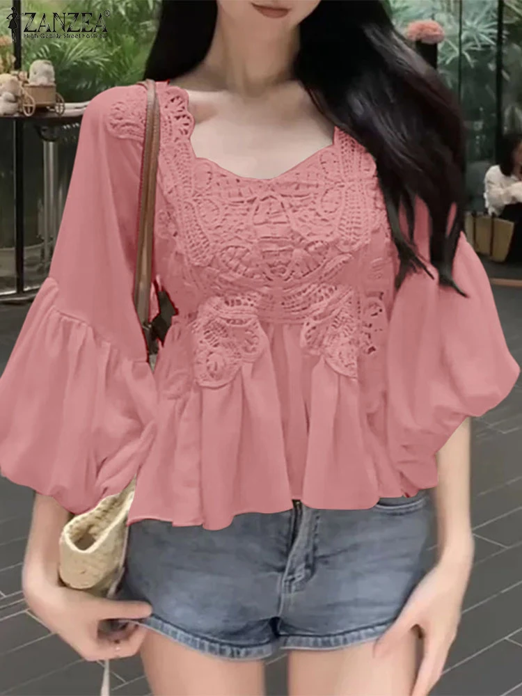بلوزة نسائية من الدانتيل الصلبة بياقة مربعة قطع علوية للخريف من ZANZEA 2025 موضة 3/4 كم فانوس سترة أنيقة بلوفرات فضفاضة غير رسمية #2