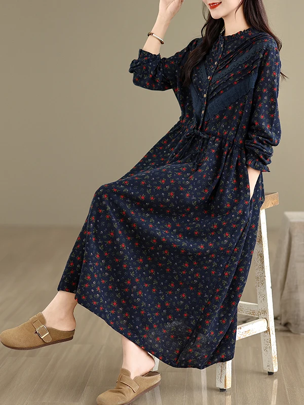 Retro Floral Print Loose Women's Dr Autumn New Sle Artistic Slimming Belted Versatile Cotton Long Sve round Ne Dr