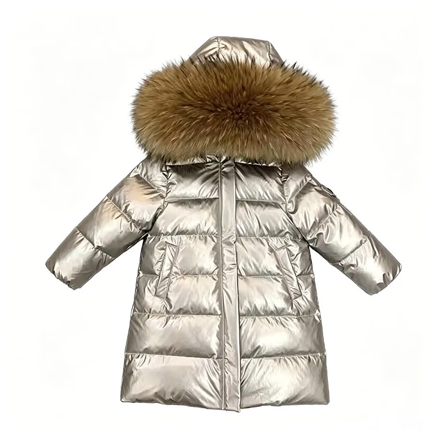 Children Shiny Long Winter Parka Faux Fur Big Hood Girls Thicken Warm Puffer Jacket Wind Resistant Snow Outdoor Outerwear A4763