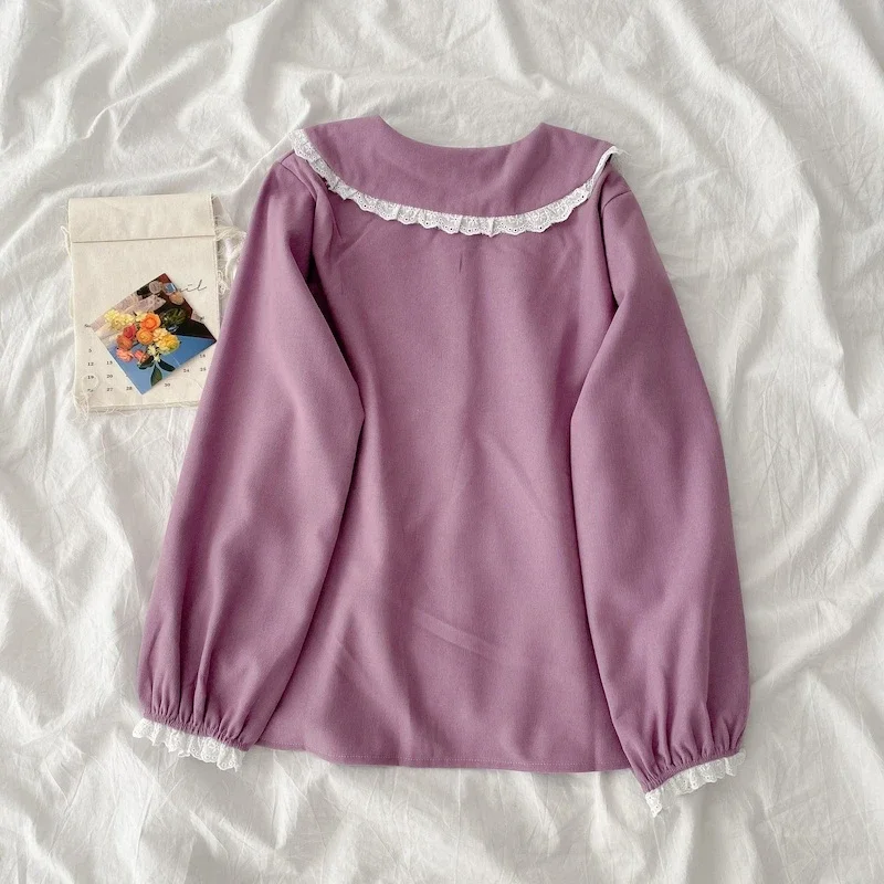 Camisas femininas design rendas retalhos doces cores moda high street botão-up manga longa peter pan colarinho blusas meninas