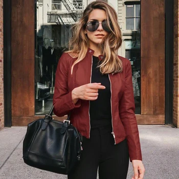 Women’s Faux Leather Cropped Jacket 4 2025 Women Bike Coat PU Leather Outwear Zipper Outfit Autumn Winter Wome Fashion Short Thin Female Jacket 4