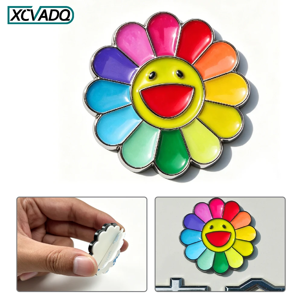 1pcs 3D Smiling Sunflower Car Emblem Sticker, Trendy Rainbow Flower Stereoscopic Vehicle Badge, 3M Self-adhesive Removable Decal