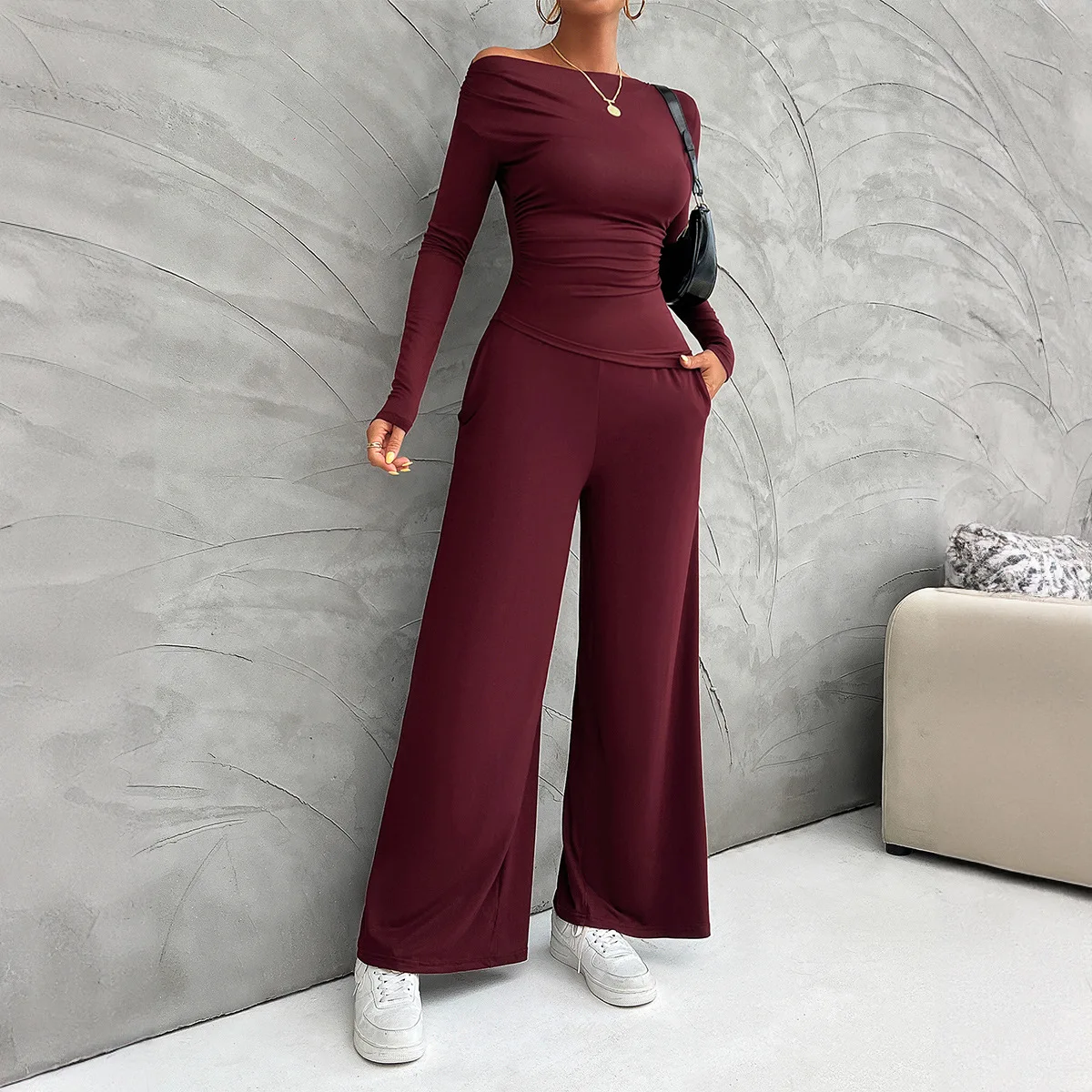 

Spring New Casual 2 Piece Elegant Lady Commuting Set Fashion Round Neck Long Sleeved Irregular Top Wide Leg Long Pants Suit