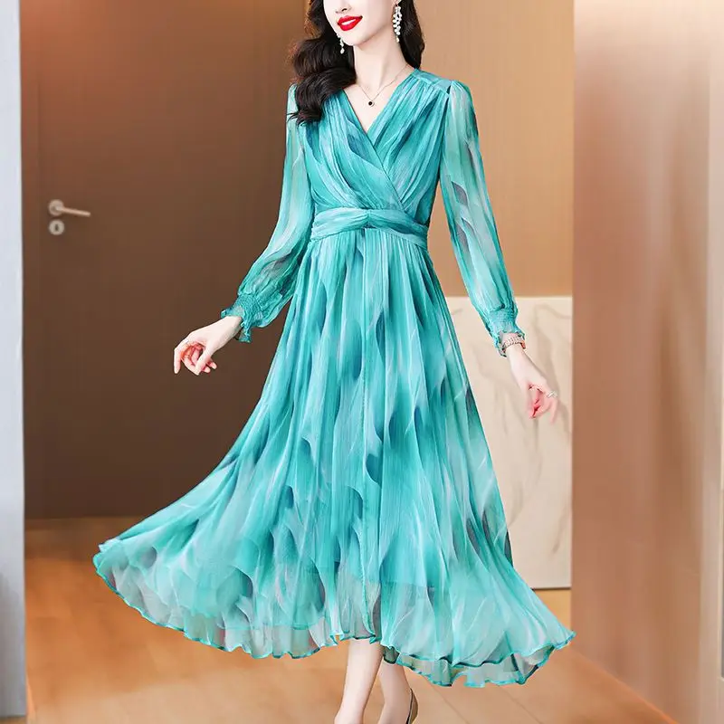 

Женское длинное шелковое платье, элегантное Однотонное Платье макси с V-образным вырезом, весна-лето 2024