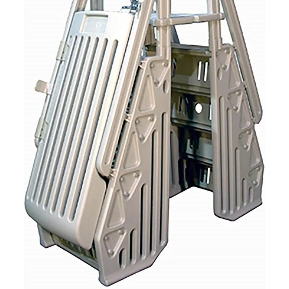 24 Inch Double Pool Step Ladder with Gate, Adjustable Stair Entry System with Handrails for Above Ground Swimming Pools, Taupe